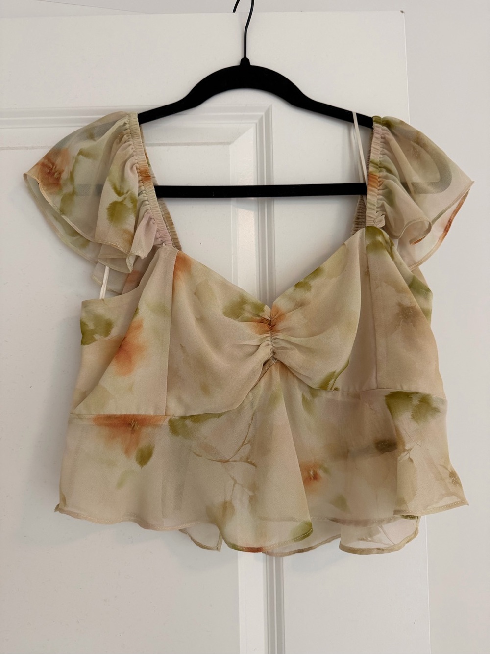DNA couture Sheer Floral Ruffle Strap Chiffon Crop Top - Cream, Green, Peach